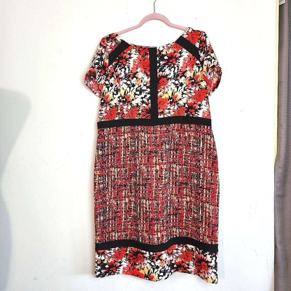 Allen Kay Color Block Sheath Floral Faux Tweed Paneling Women's Dress Sz. 14
